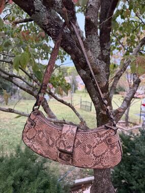 Y2K Guess Monogram Baguette Bag Beige Snakeskin Buckle Shoulder 2000s Purse VTG